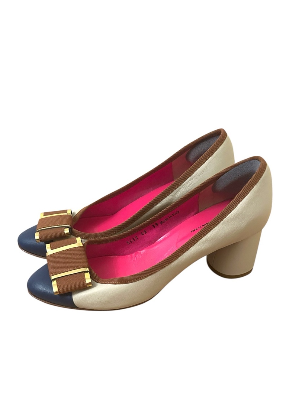 FERCA 81 Upper and Sole Leather Made in Italy Pink Blue Brown Bows Heels Size 42